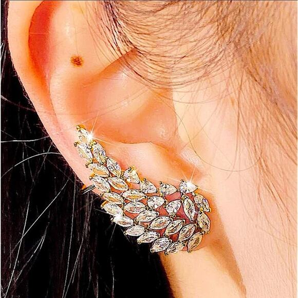 Jewelry - Gold Cubic Zircon Leaf Angel Wing Cuff Earrings